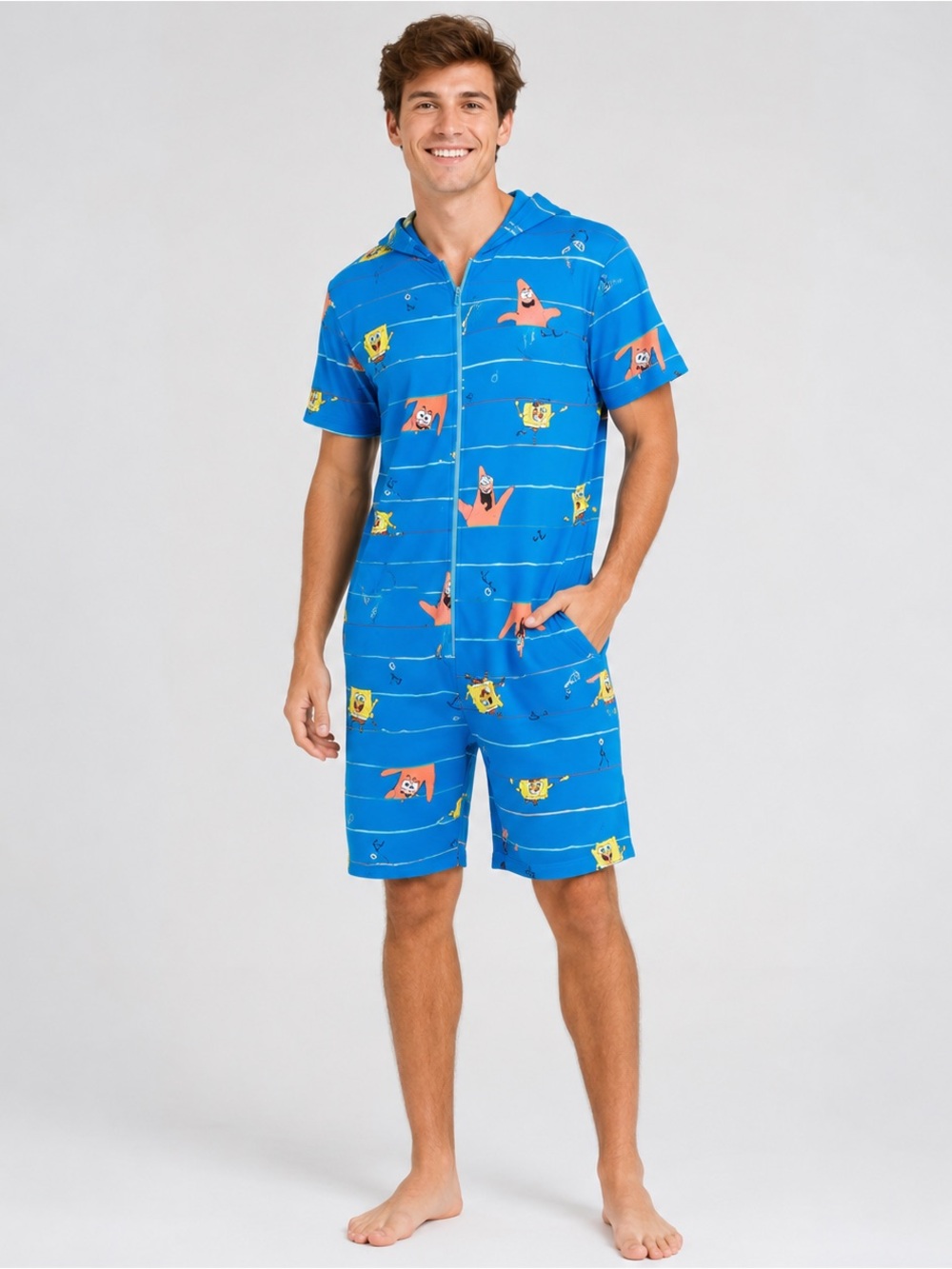 SpongeBob SquarePants Character Hooded Romper Men's Size Medium Blue One Piece